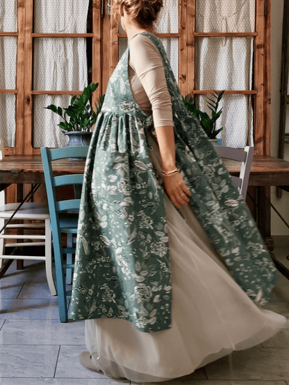 Vintage Grey Green Floral Print Long Apron with Pockets
