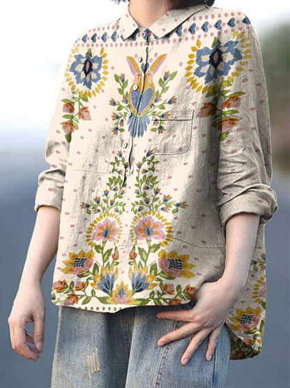 Women's Vintage Flower Print Casual Cotton And Linen Shirt