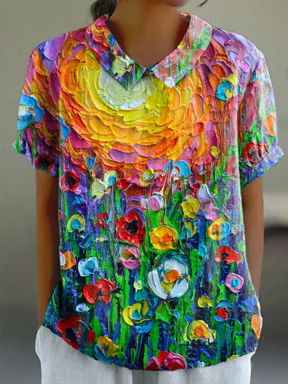 Women's Flower Art Print Casual Cotton And Linen Shirt