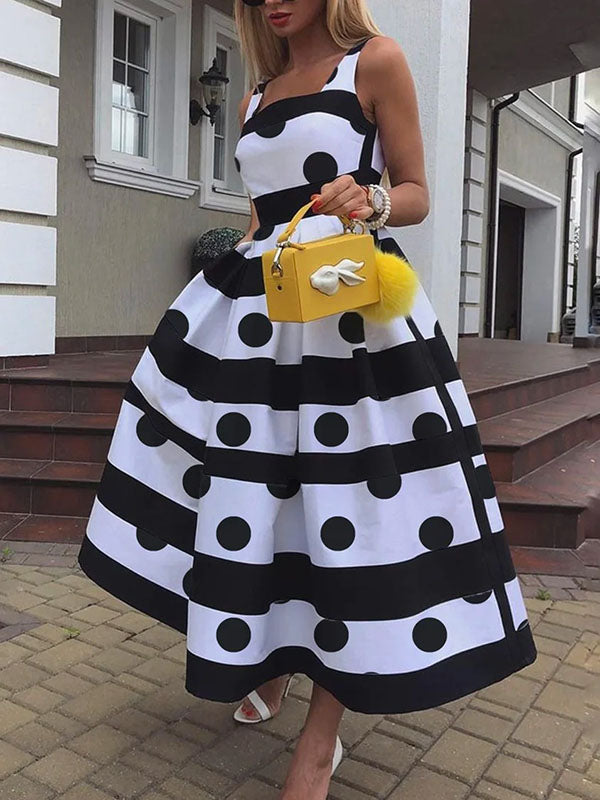 Sleeveless Polka-Dot Square-Neck Midi Dresses