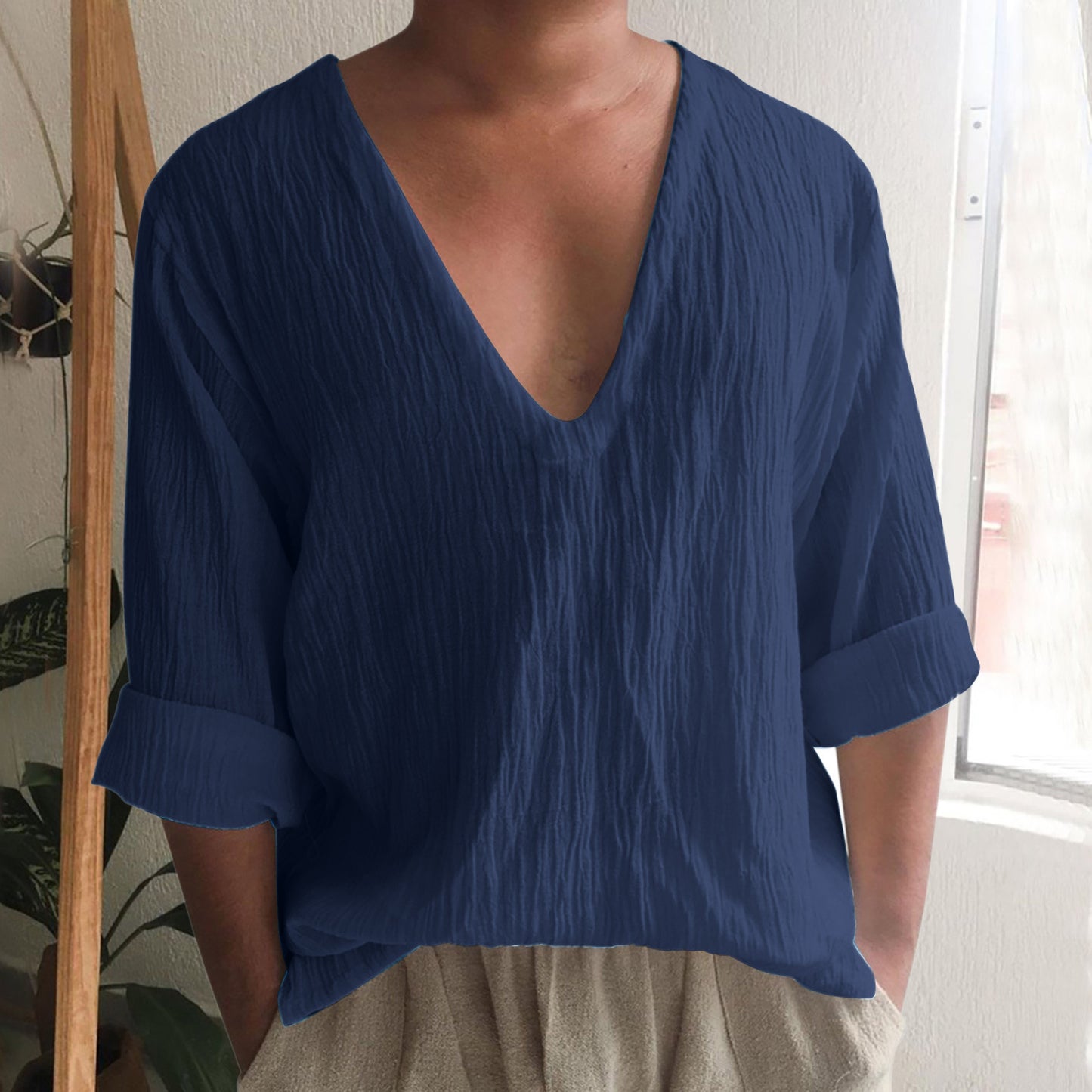 Men's Sexy V-Neck Cotton Linen Casual Long Sleeve T-Shirt