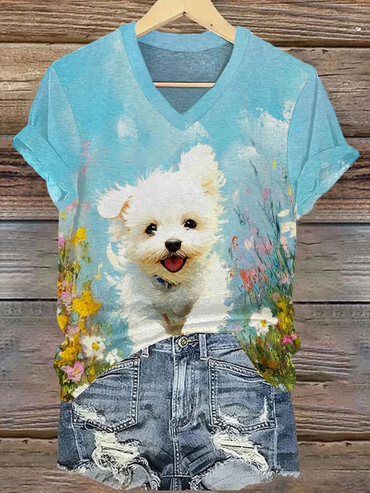 Cute Dog Art Print Casual Short Sleeve V-neck T-shirt