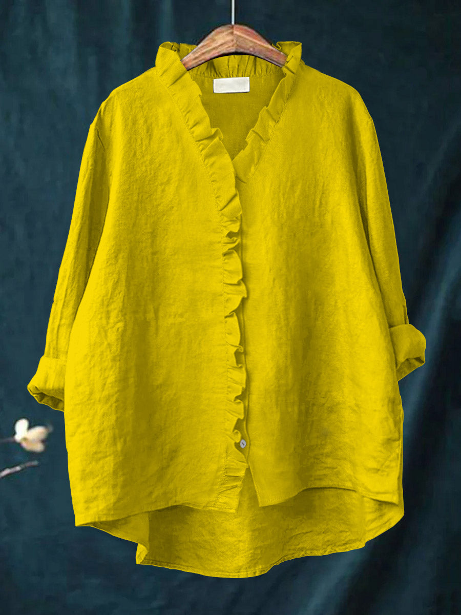 Women's Casual Cotton And Linen Ruffle Shirt