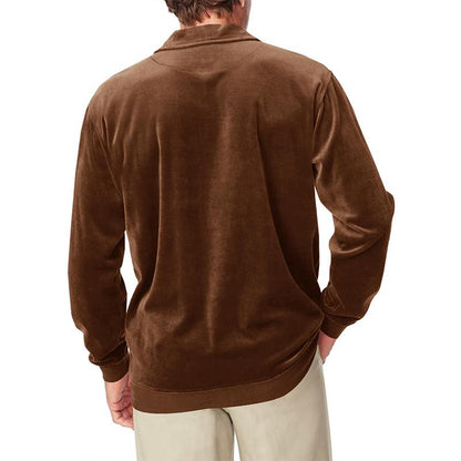 Men's Solid Velvet Lapel Breast Pocket Long Sleeve Polo Shirt