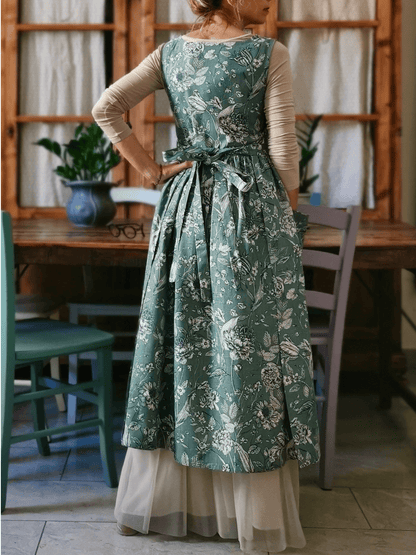 Vintage Grey Green Floral Print Long Apron with Pockets