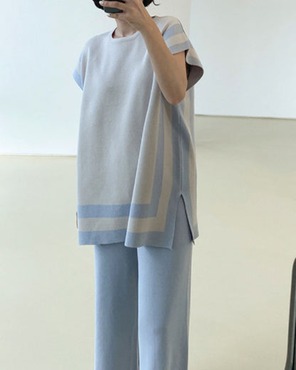 Temperament loose ice silk knit color matching two-piece set