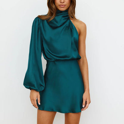 Elsie Satin Draped Shoulder High Neck Dress