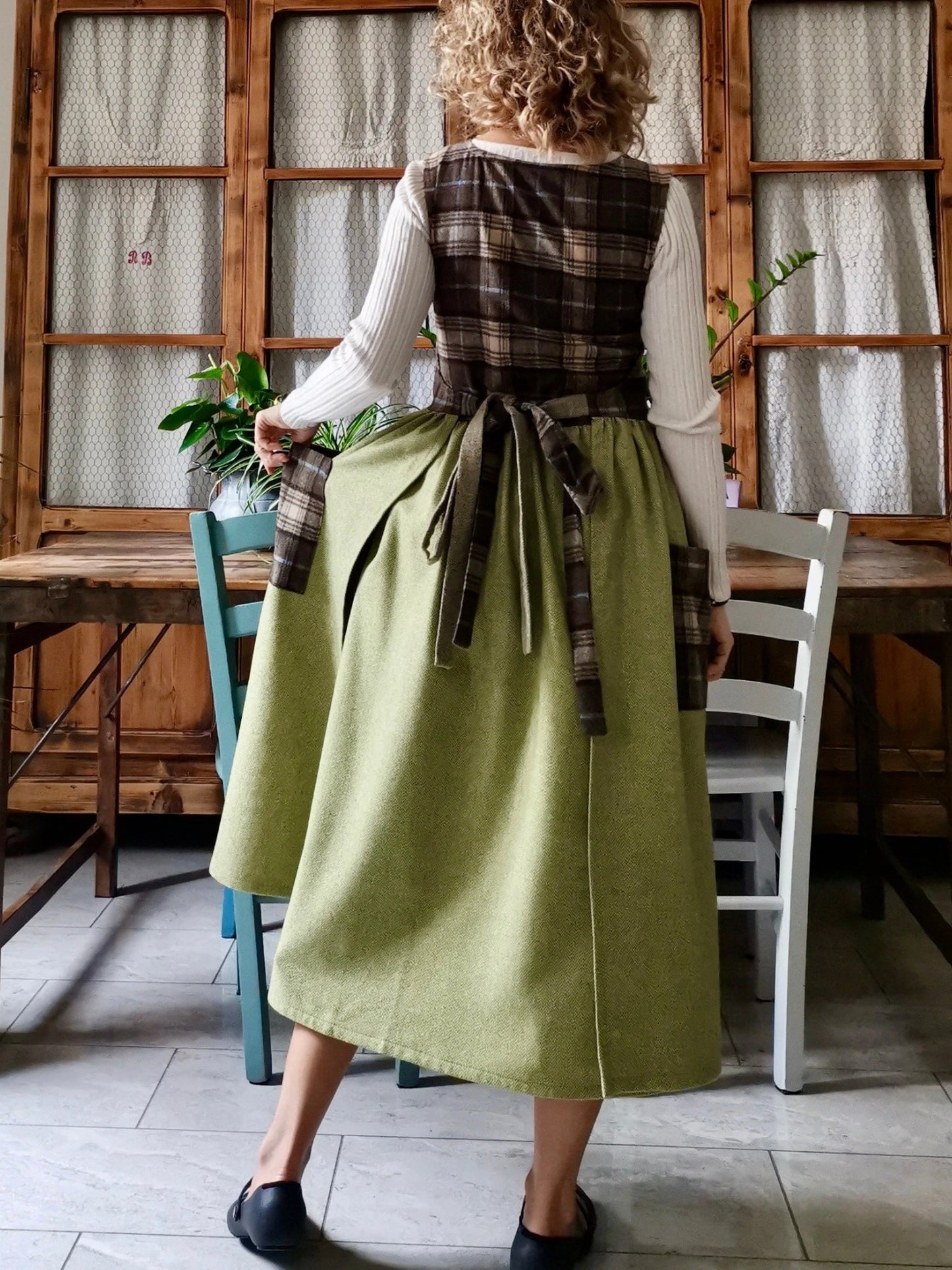 Brown Green Patchwork Cotton Apron