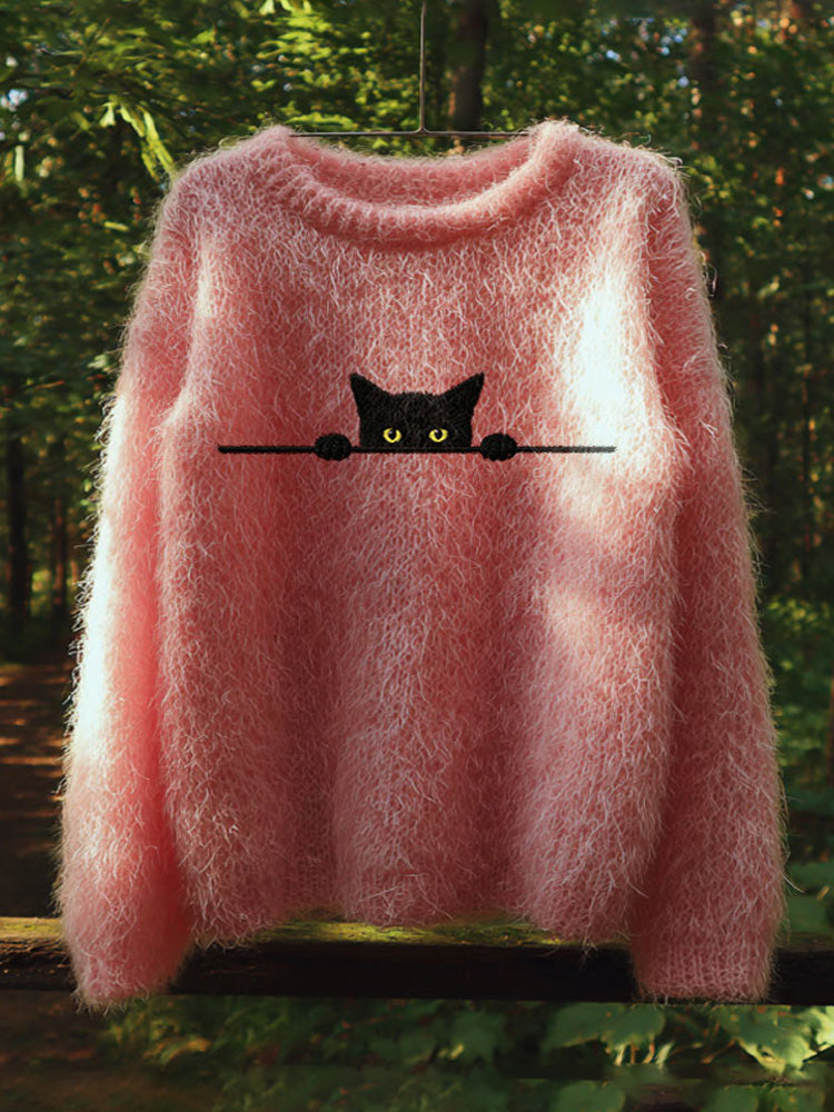 Retro Casual Pink Awareness Black Cat Embroidered Sweater