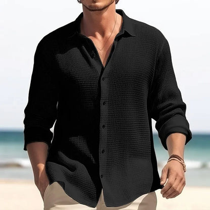 Men's Casual Lapel Long Sleeve Shirt - Solid Color