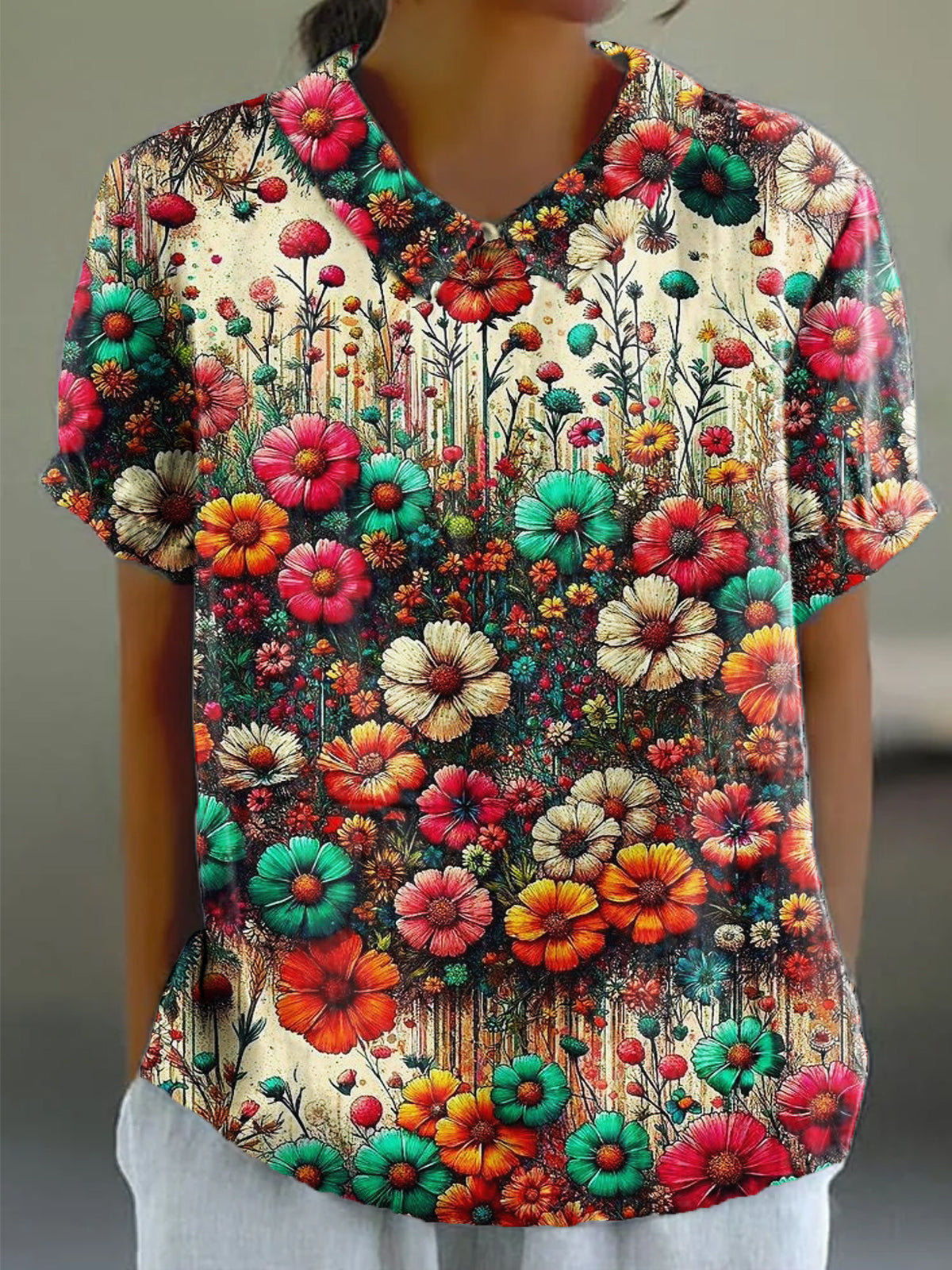 Women's Flower Art Print Casual Cotton And Linen Short Sleeves Shirt