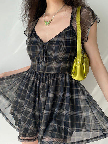 Milly Plaid Lace Square Neck Mini Dress