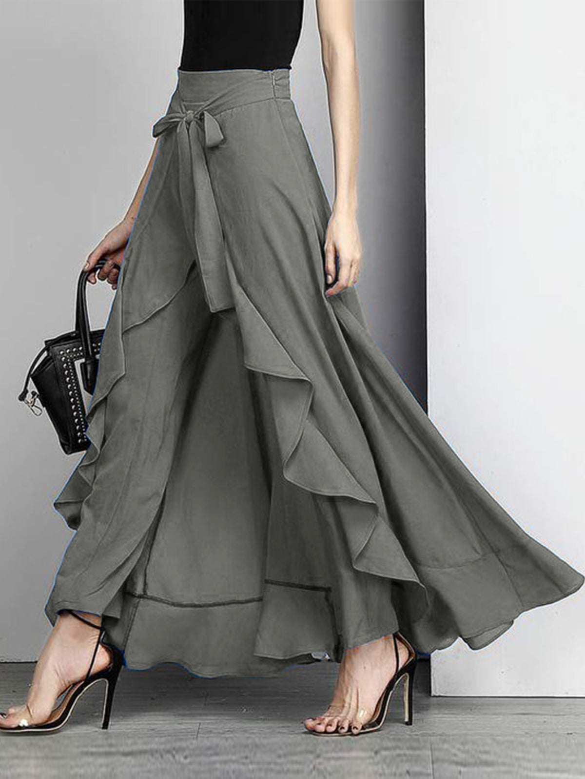 Elegant Grey Waist Spliced Ruffle Hem Straight Leg Skirt