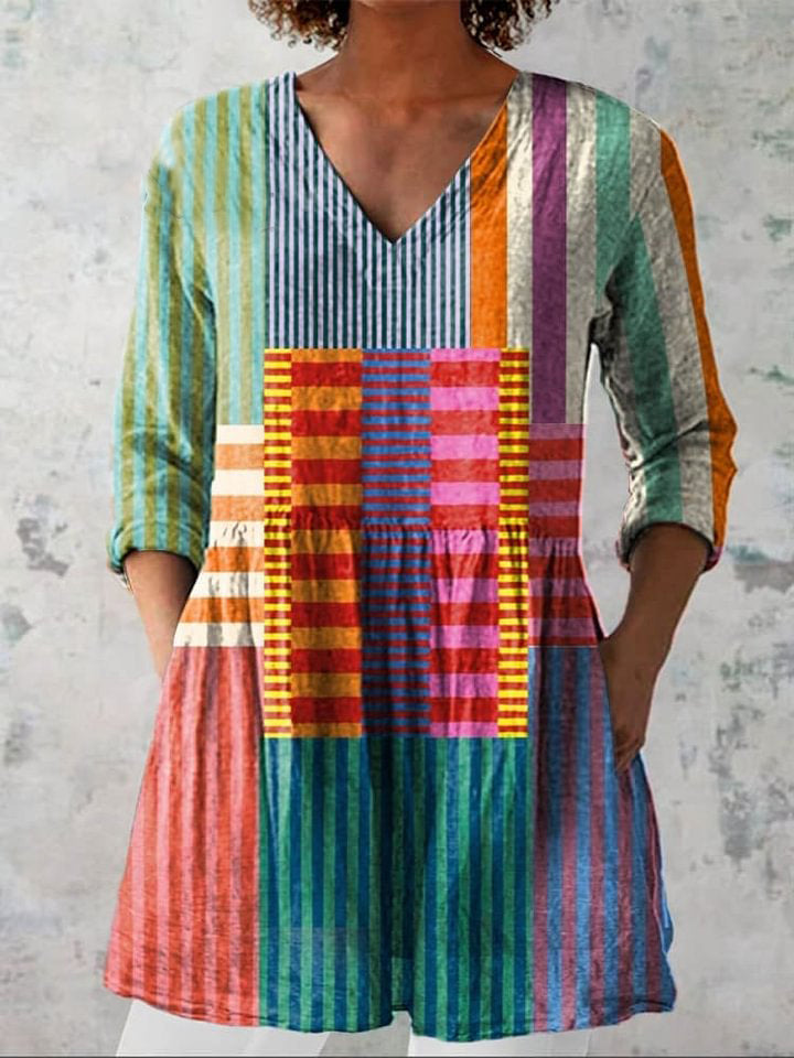 Women's Geometric Line Pattern Art Print Casual Cotton And Linen 3/4 Sleeve Shirt