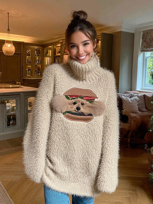 Fuzzy Funny Hamburger Puppy Appliqué Cozy Knit Turtleneck Sweater