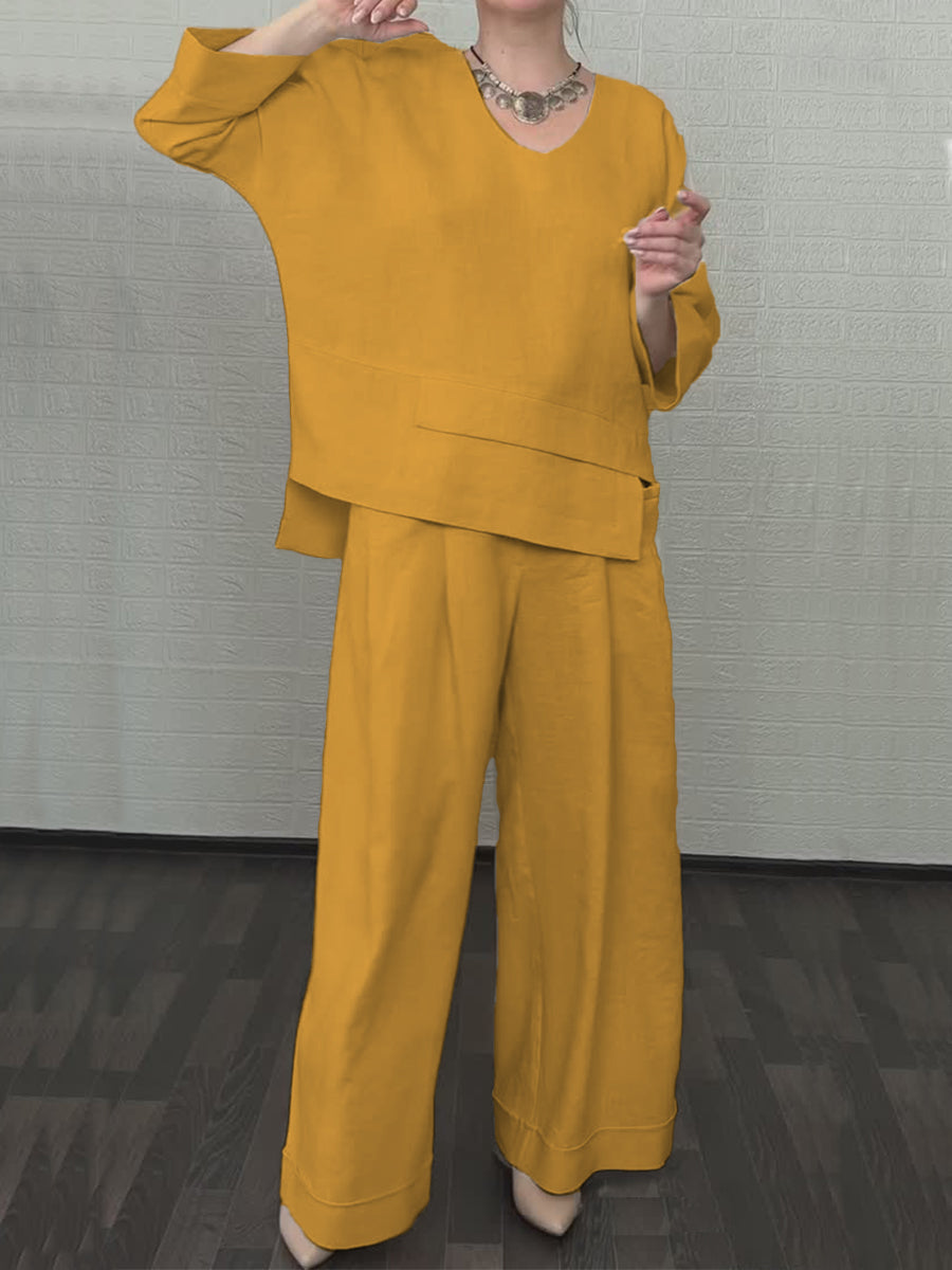Women'S Casual Solid Color Irregular Cotton And Linen Shirt and Pats Suit