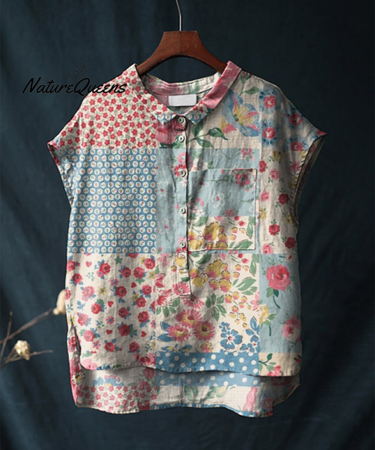 Vintage Bohemian Floral Cotton and Linen Short Sleeve Casual Shirt