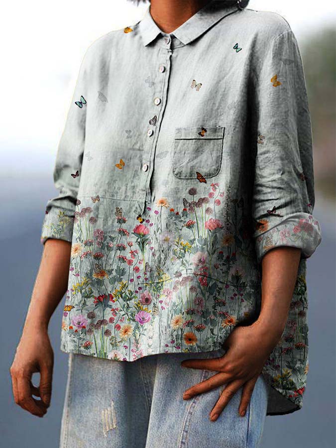 Women's Floral Gradient Print Casual Cotton And Linen Shirt