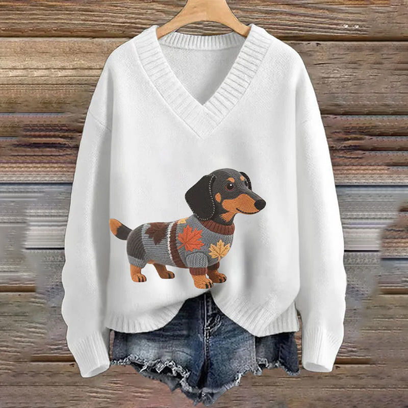 Vintage Dachshund Felt In Gradient Art Inspired Embroidered Cozy Knit Sweater