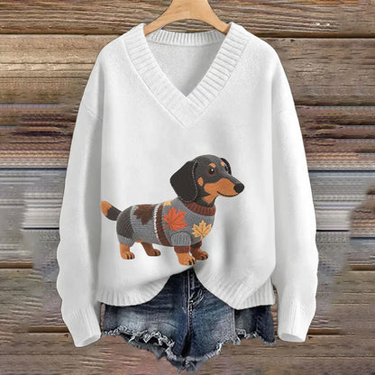 Vintage Dachshund Felt In Gradient Art Inspired Embroidered Cozy Knit Sweater