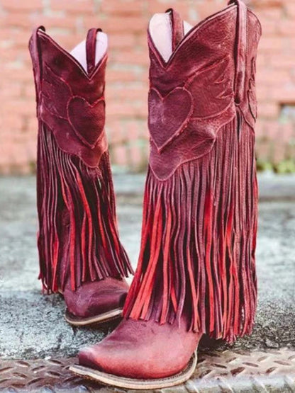 Women Knee High Vintage Tassels Cowboy Boots