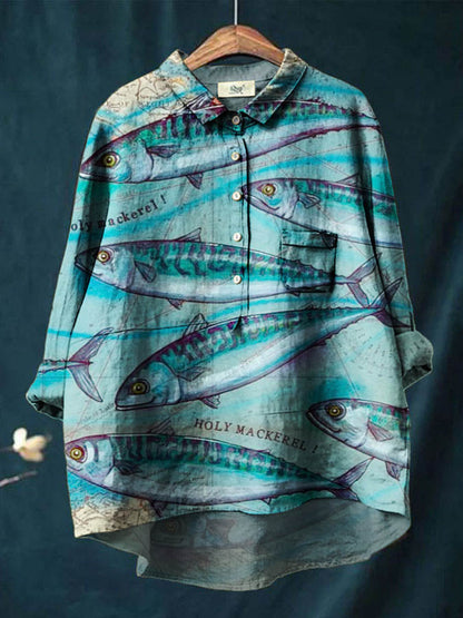 Women's Map Ocean Fish Print Casual Cotton And Linen Shirt