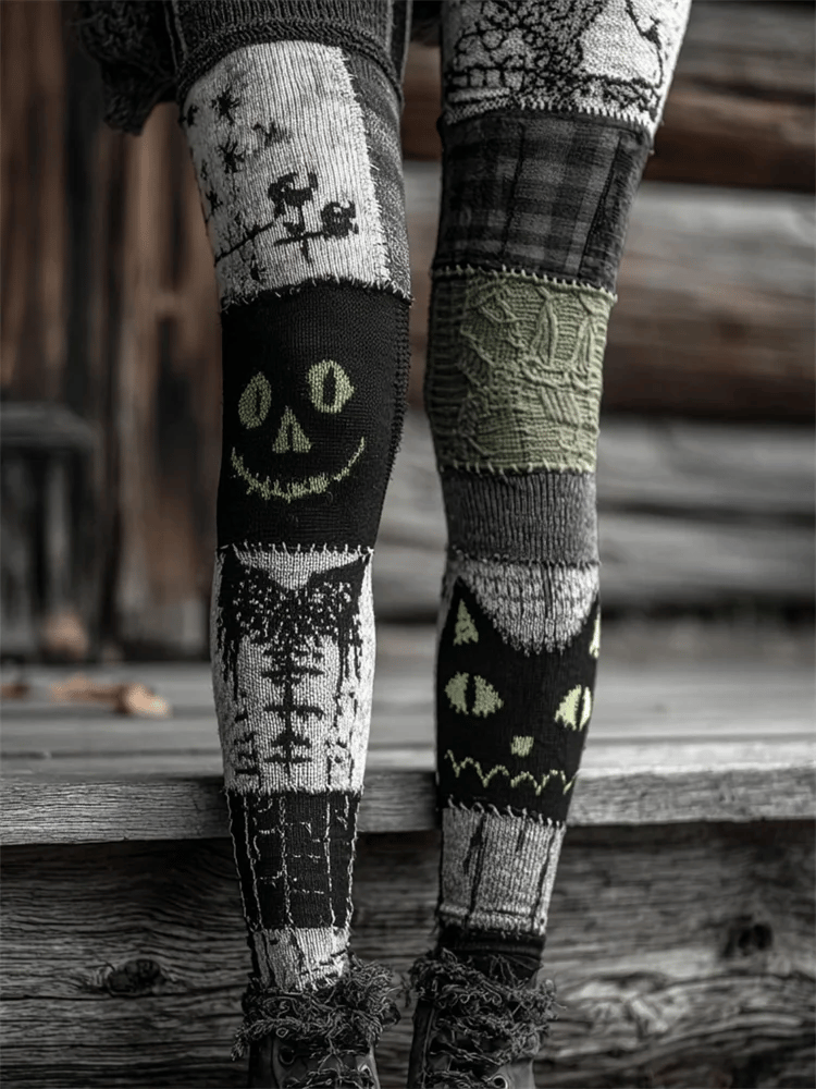 Women's Retro Halloween Contrast Color Comfortable Knitted Print Leggings