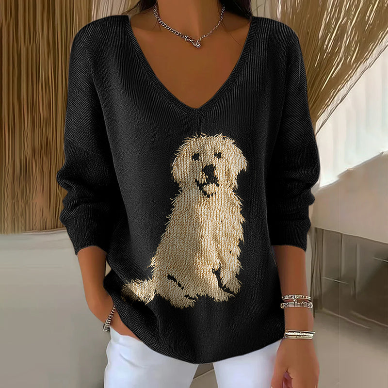 Classic Fuzzy Golden Retriever Dog Felt Art Inspired Embroidered V Neck Cozy Knit Sweater