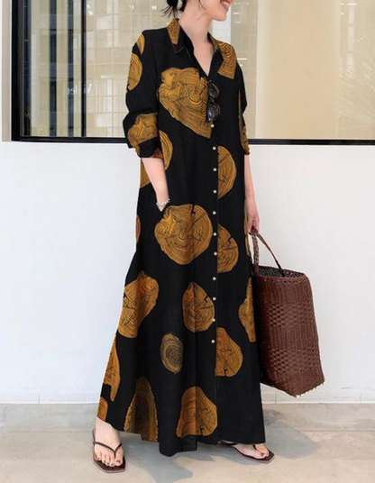 Cotton Linen Long Sleeve Printed Cotton Maxi Dress