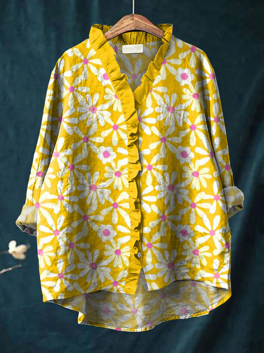 Women's Vintage Floral Art Print Casual Cotton And Linen Ruffle Shirt