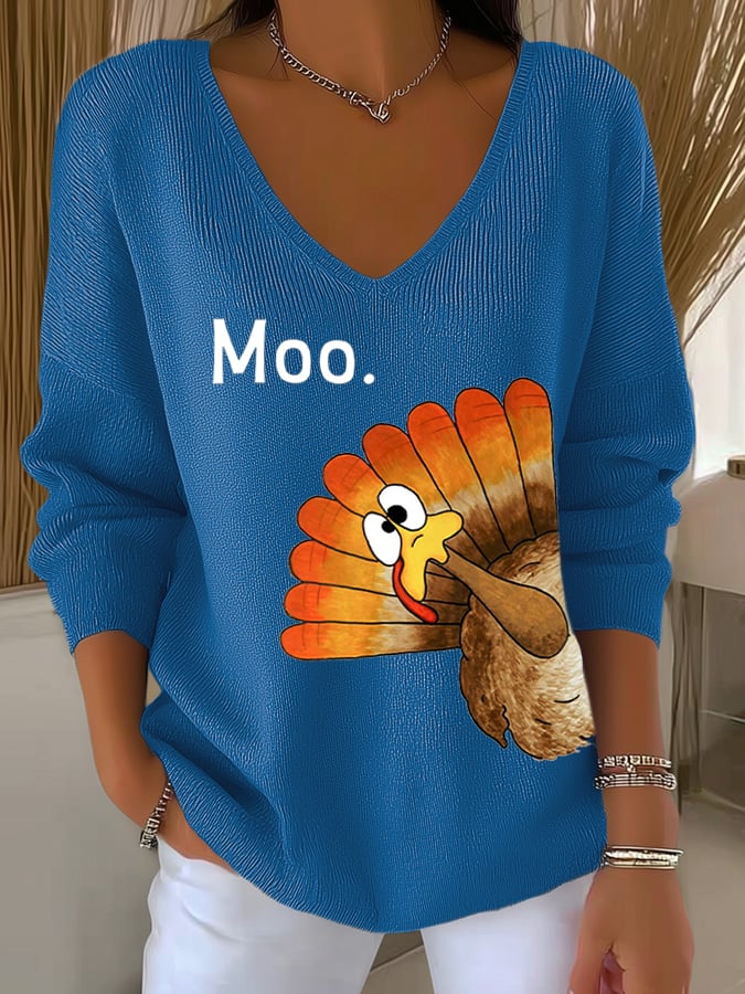 Women's Thanksgiving Turkey Moo Print Knit Top