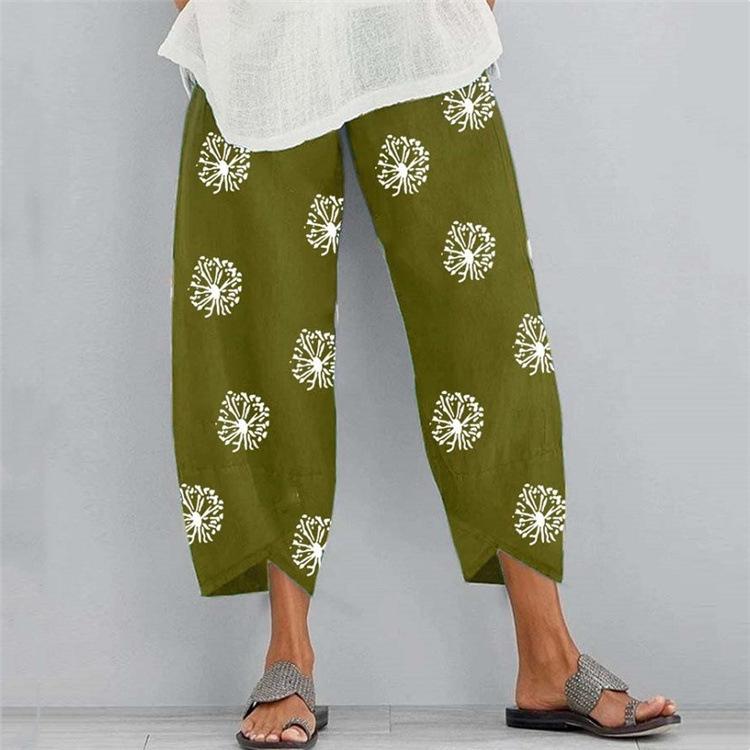 Floral Printed Elastic Waist Wide Leg Cotton-Linen Pants