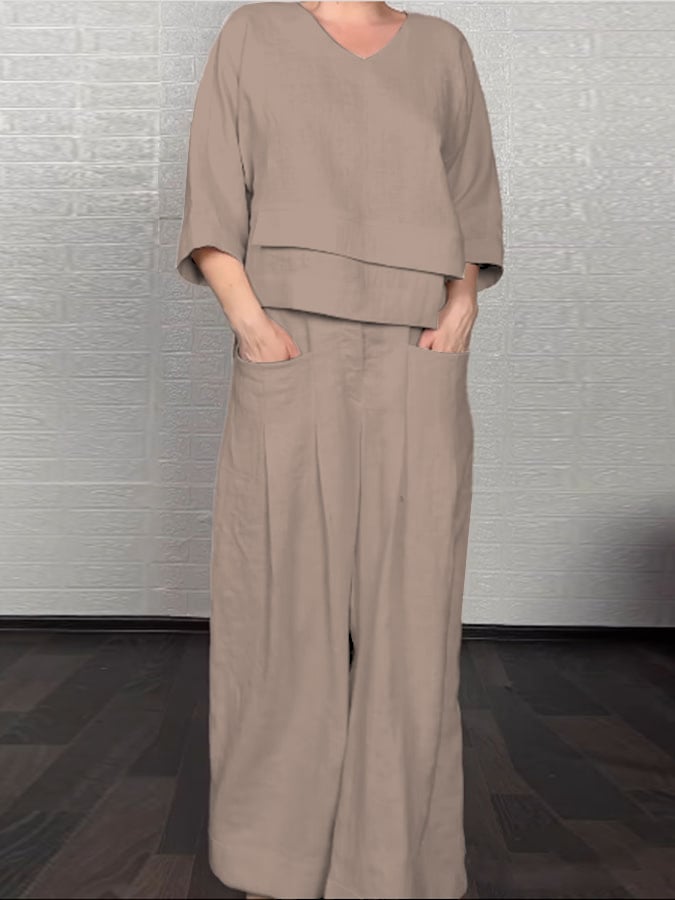 Women'S Casual Solid Color Irregular Cotton And Linen Shirt and Pats Suit