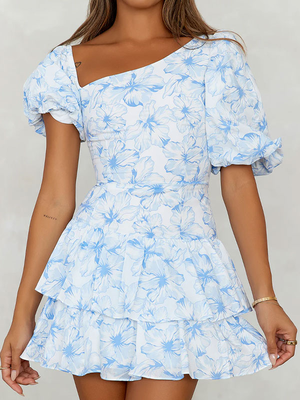 Puff sleeve printing dress blue