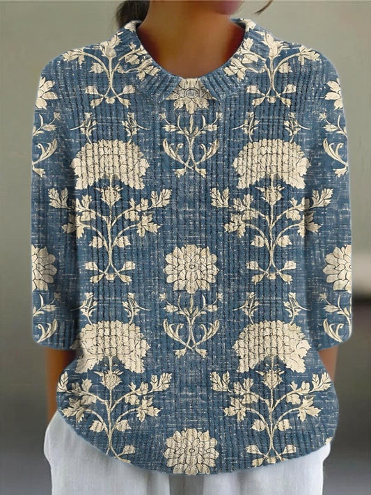 Women's Vintage Floral Art Print Casual Pullover Sweater