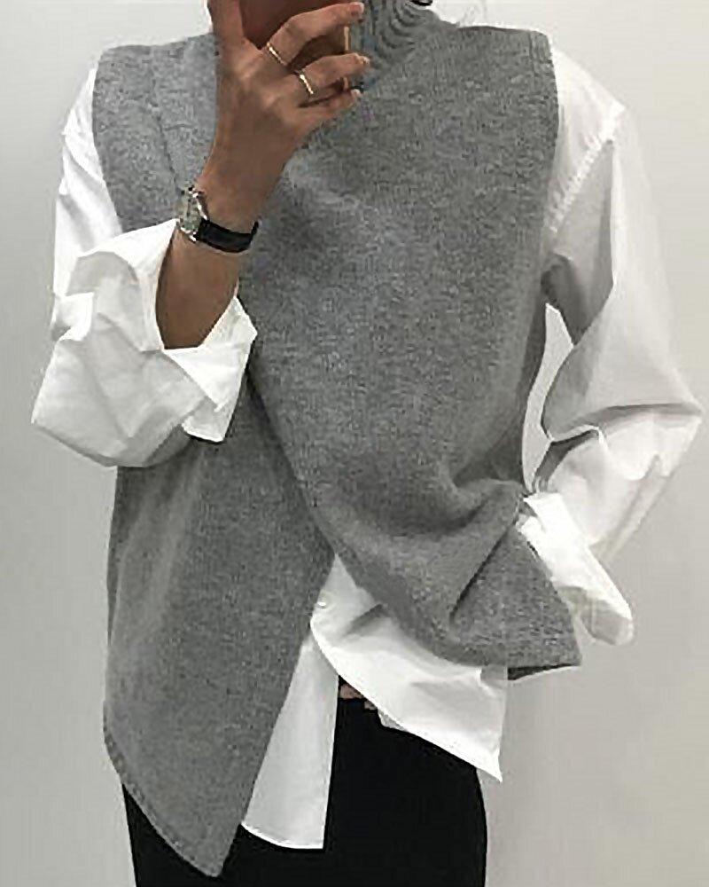 Casual Crew Neck Solid Irregular Knit Top