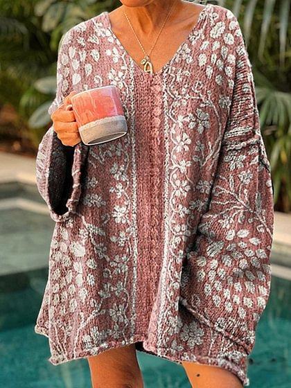 Women's Vintage Ethnic Floral Art Print Casual Pullover Sweater