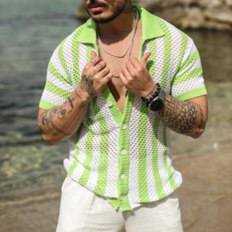 Mens Fashion Hollow Out Breathable Beach Cardigan Shirt Short Sleeve