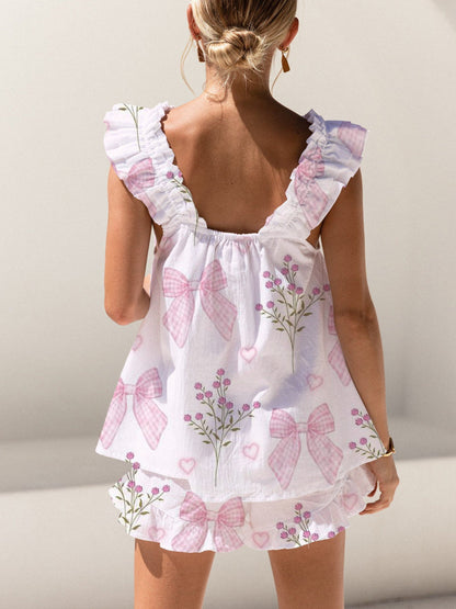 Mesh Bows And Flowers Print Ruffled Trim Short Tank Top Shorts Pajama Set