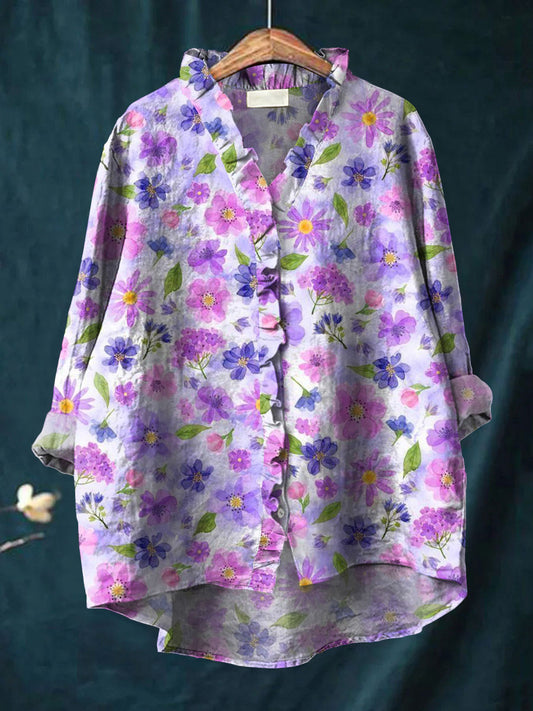 Women's Vintage Floral Art Print Casual Cotton And Linen Ruffle Shirt