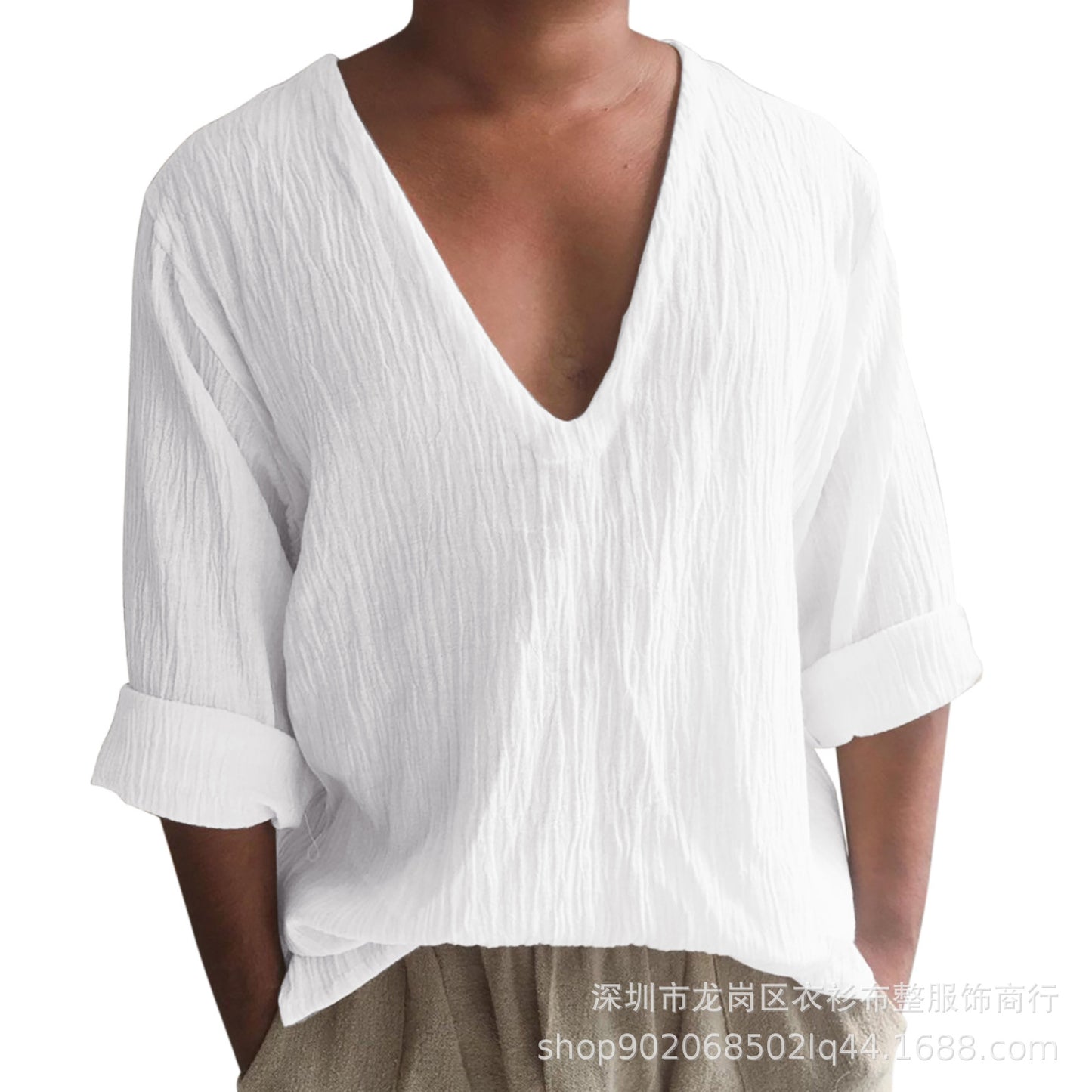 Men's Sexy V-Neck Cotton Linen Casual Long Sleeve T-Shirt