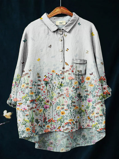 Women's Floral Gradient Print Casual Cotton And Linen Shirt