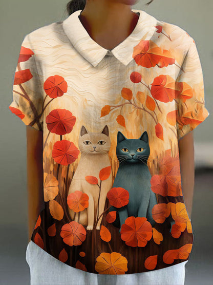 Women's Ombre Cat Flower Print Casual Cotton And Linen Shirt