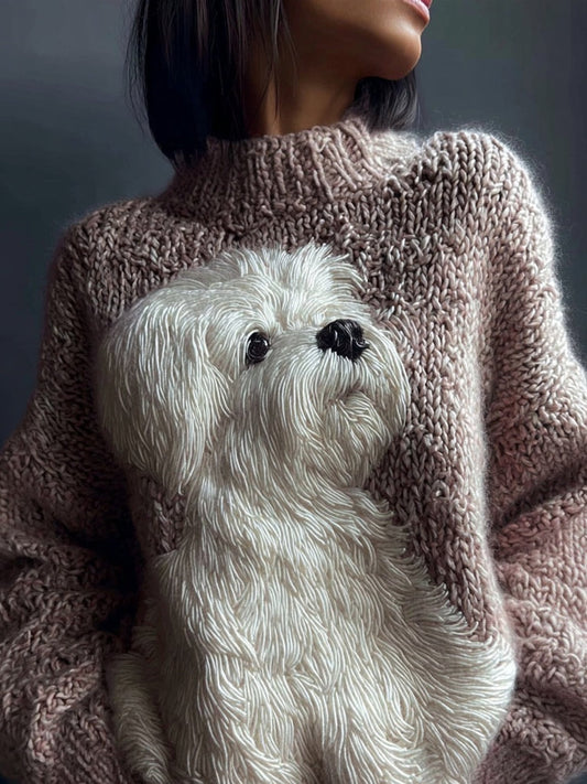 Cute White Dog Embroidered Crew Neck Cozy Sweater