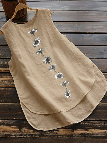 Daisy Print Sleeveless Crewneck Cotton Linen Top