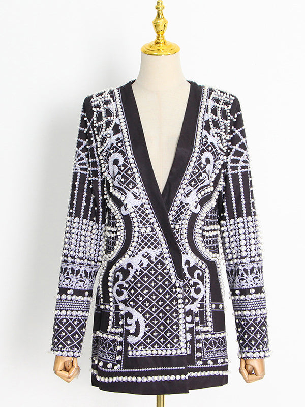 Long Sleeves Loose Beads Printed V-Neck Blazer Outerwear