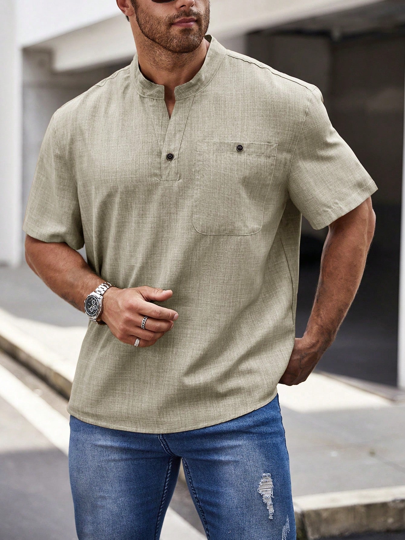 Men's Plus Size Solid Color Notched Collar Short Sleeve Casual Shirt