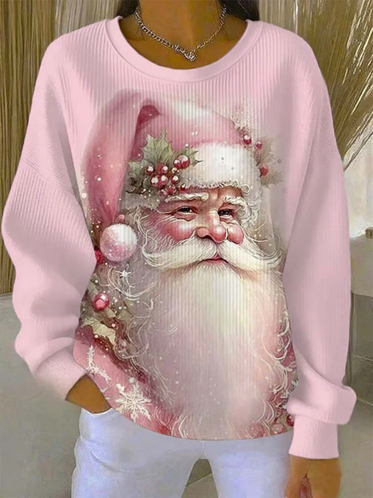 Pink Santa Art Printed Crew Neck Pocket Sweatshirt