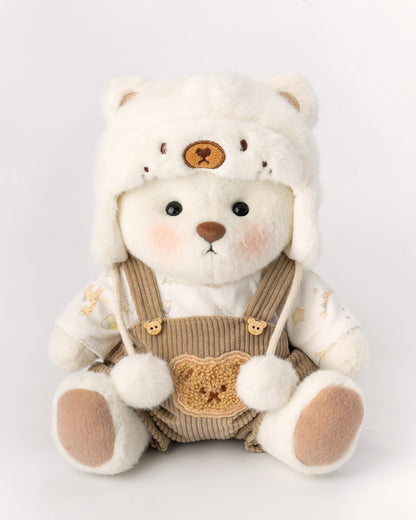 Getahug White Mink Hat Brown Overalls Bear | Handmade Jointed Teddy Bear Gift