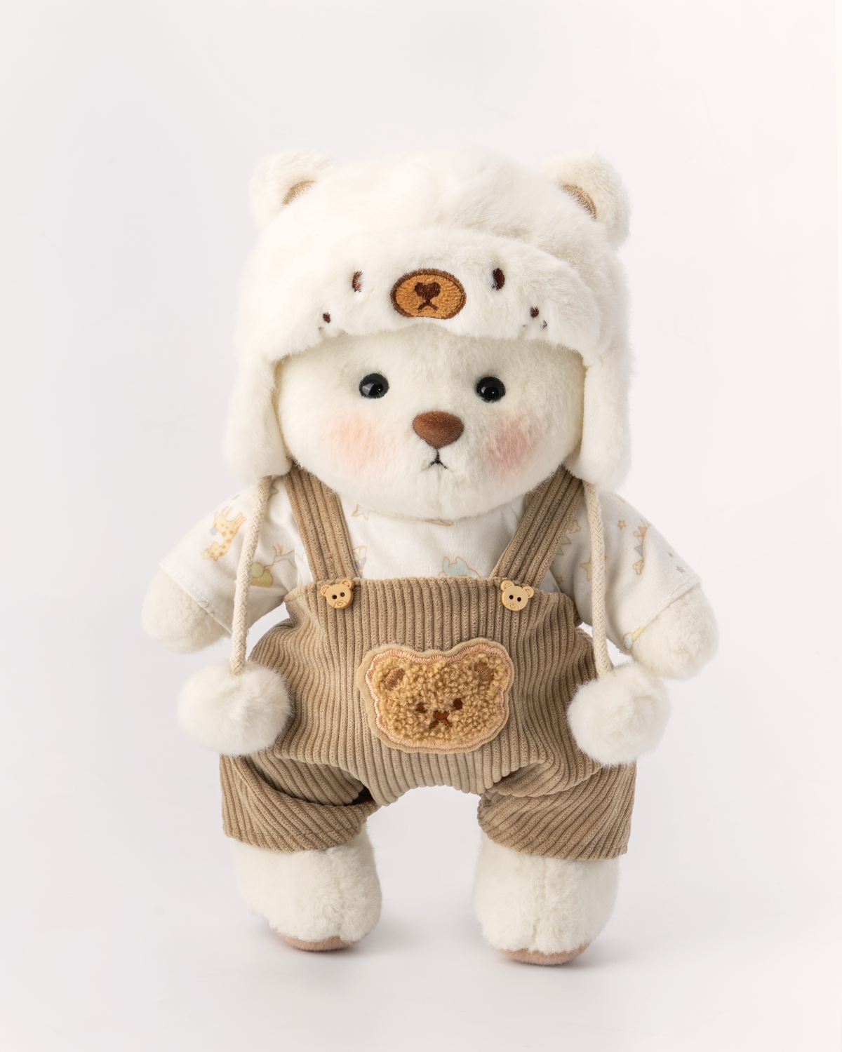 Getahug White Mink Hat Brown Overalls Bear | Handmade Jointed Teddy Bear Gift